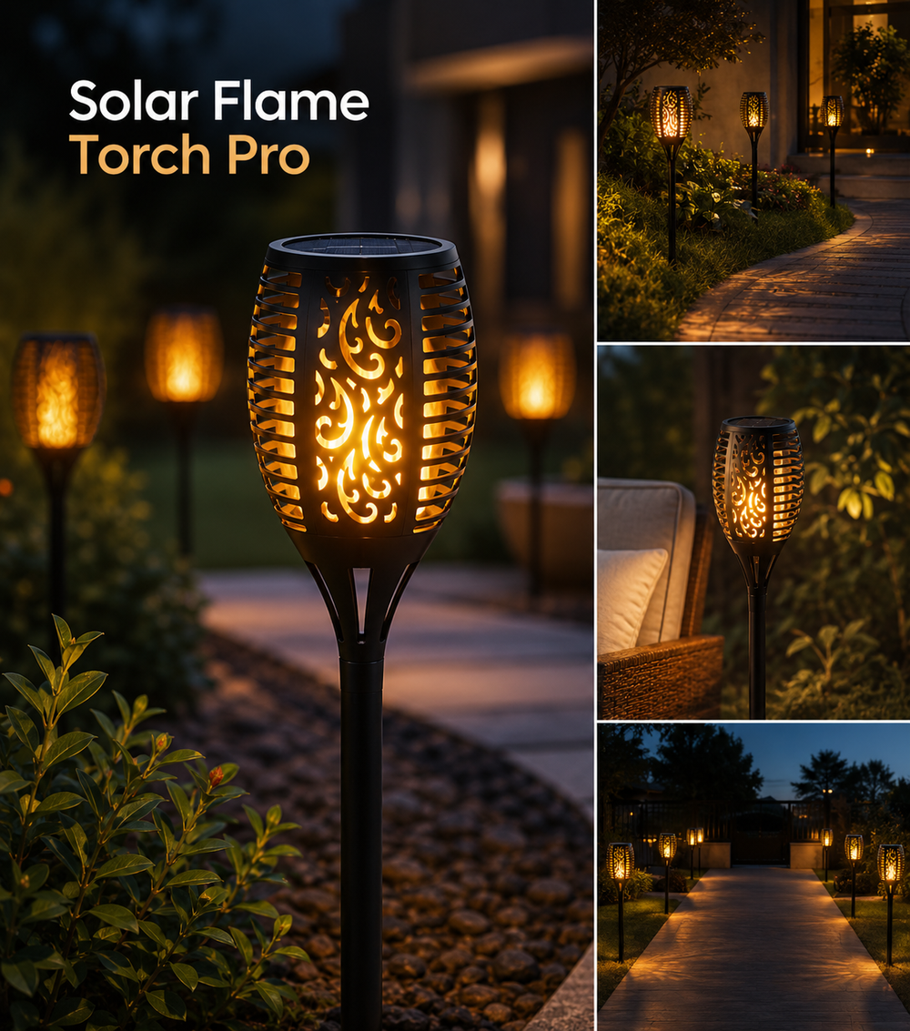 Solar Flame Torch Pro flickering flame torch lights along a garden pathway at dusk