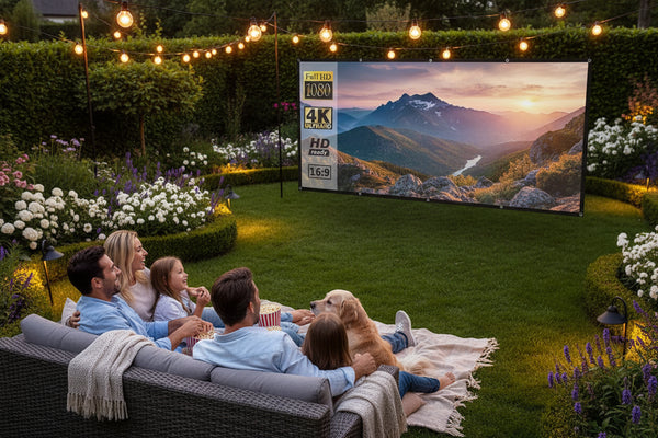 NightScreen Pro foldable outdoor projector screen set up in a backyard