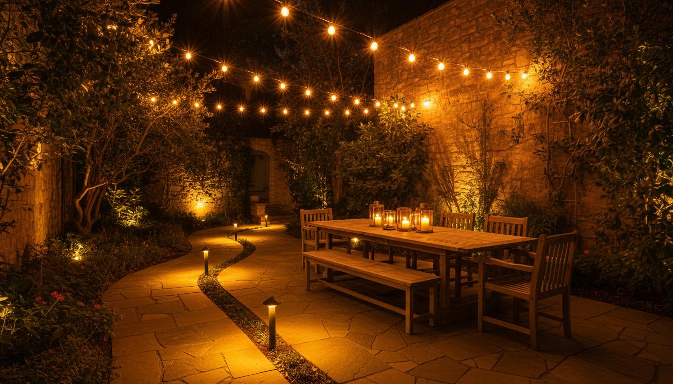 A garden transformed with warm ambient lighting
