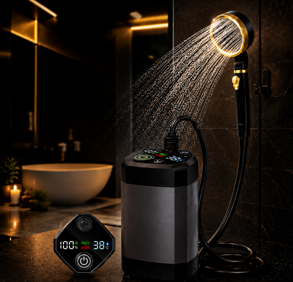 HydroGo Pro portable rechargeable camping shower with digital temperature display