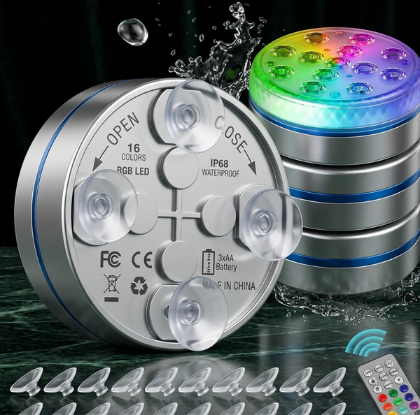 UltraGlow submersible RGB light glowing blue underwater in a pool
