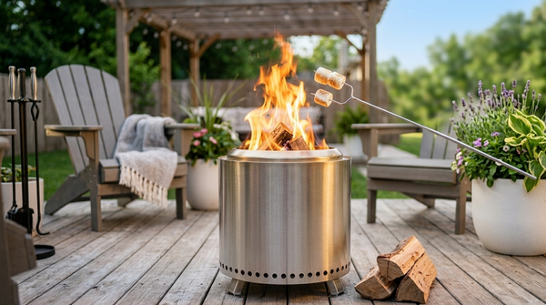 EmberMate portable smokeless wood burning stove in stainless steel for camping