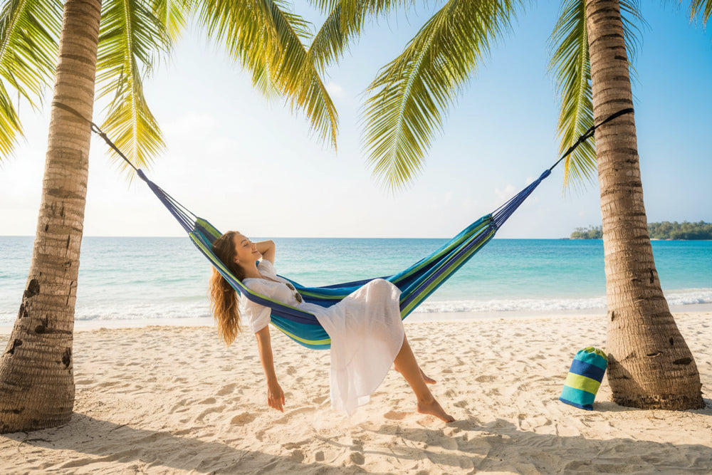 Outdoor Zen double cotton hammock hung between two trees in a garden